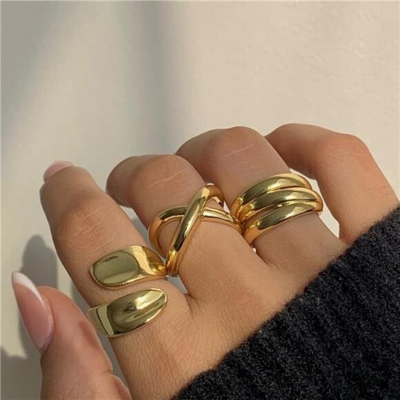 Chunky 18K Gold Rings set 6 pcs for Women Non-Tarnish Stackable Statement Set - Picture 4 of 10